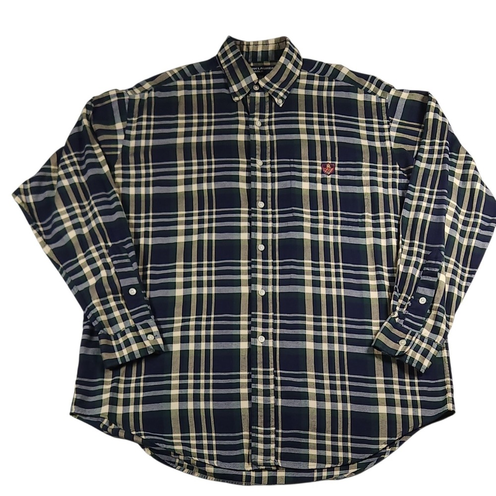 Ralph Lauren Golf Tilden Shirt Mens 2XL Blue Green Plaid Button Front Cotton